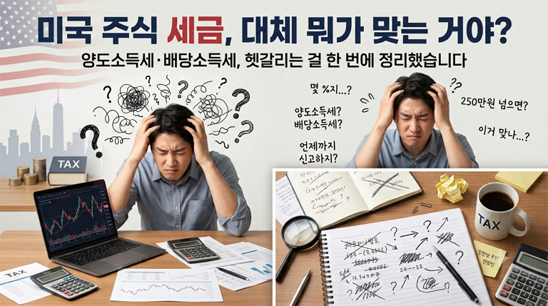 미국 주식 세금 계산으로 고민하는 남성의 모습