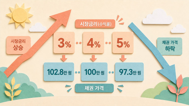 시장금리 상승에 따라 채권 가격이 102.8만원에서 100만원, 97.3만원으로 하락하는 관계를 보여주는 비교 이미지