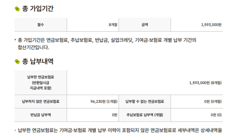 국민연금 월 수 및 납부한 연금보험료 내역