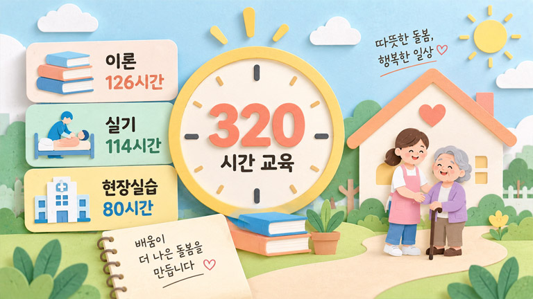 요양보호사 이론 126시간, 실기 114시간, 현장실습 80시간, 총 320시간 교육필요