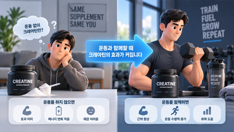 운동을 해야 크레아틴의 효과가 커집니다.