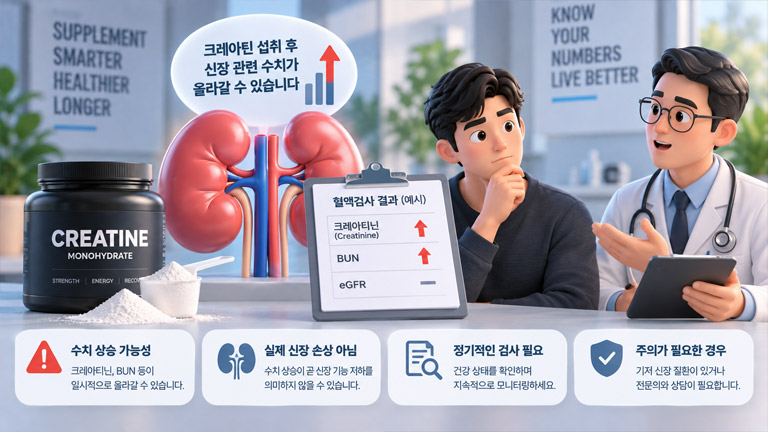 크레아틴 섭취 후 신장 관련 수치가 올라갈 수 있습니다.