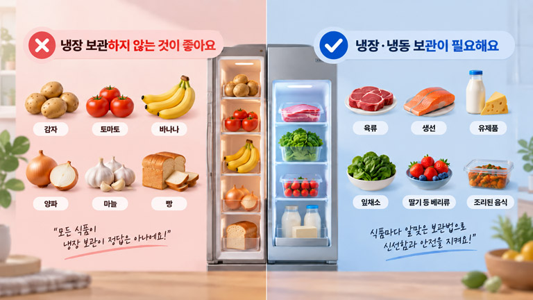 냉장고에 넣지 않는 식품과 냉장·냉동 보관이 필요한 식품 비교