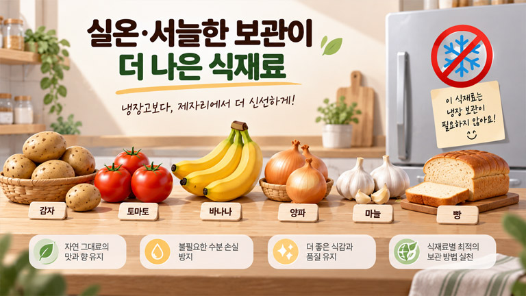 실온이나 서늘한 곳에 보관하는 감자 토마토 바나나 양파 마늘 빵