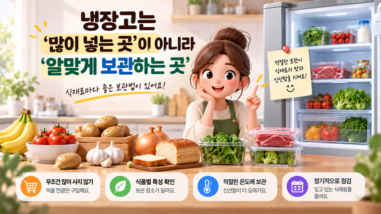 식품별 적절한 보관 방법을 보여주는 깔끔하게 정리된 냉장고