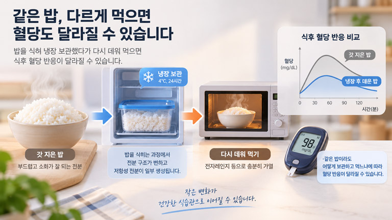 갓 지은 밥, 냉장 후 데운 밥 식후 혈당 반응 비교