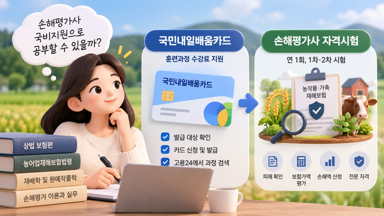 손해평가사 국비지원과 국민내일배움카드 수강 과정을 보여주는 3D 인포그래픽