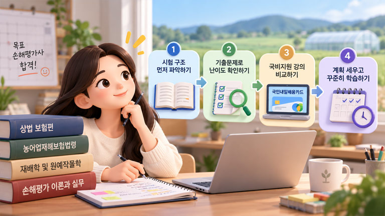 손해평가사 시험 구조와 기출문제, 국비지원 강의, 학습 계획을 단계별로 보여주는 3D 인포그래픽