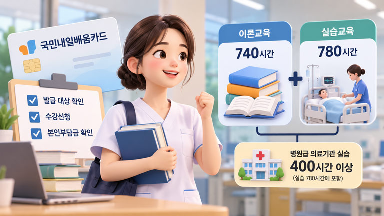 간호조무사 국비지원 과정의 국민내일배움카드와 이론교육 740시간, 실습교육 780시간, 병원급 의료기관 실습 400시간을 보여주는 3D 인포그래픽