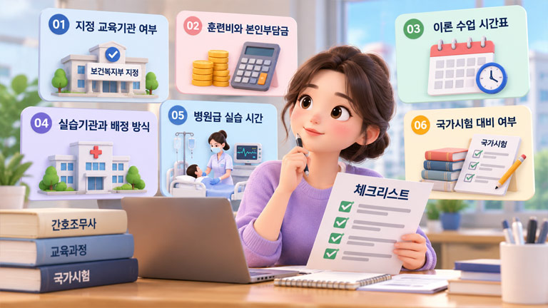 간호조무사 학원 선택 시 지정 교육기관 여부, 훈련비와 본인부담금, 수업시간표, 실습기관, 병원급 실습시간, 국가시험 대비 여부를 확인하는 3D 인포그래픽