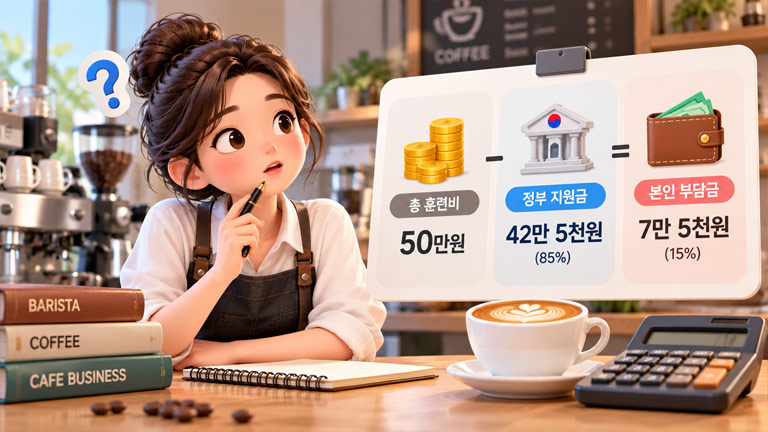 바리스타 국비지원 훈련비와 정부 지원금, 본인 부담금을 비교한 3D 인포그래픽