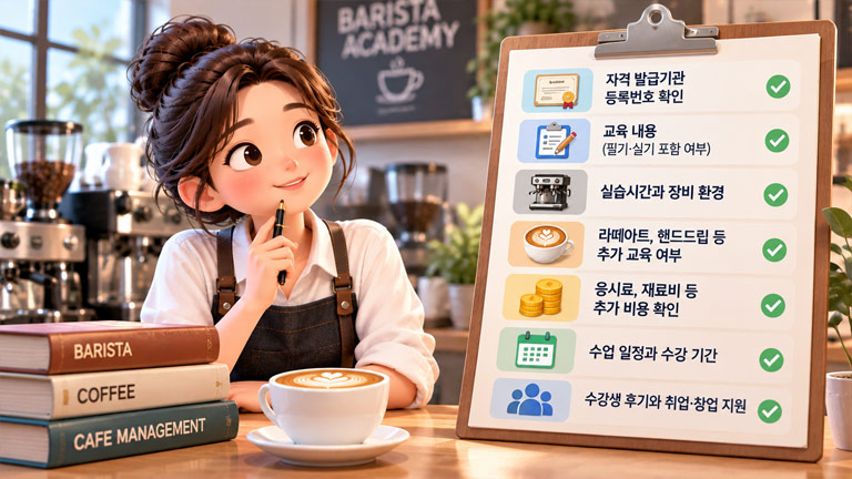 바리스타 학원 선택 시 자격증 발급기관, 실습시간, 장비, 추가 비용 등을 확인하는 체크리스트 3D 인포그래픽