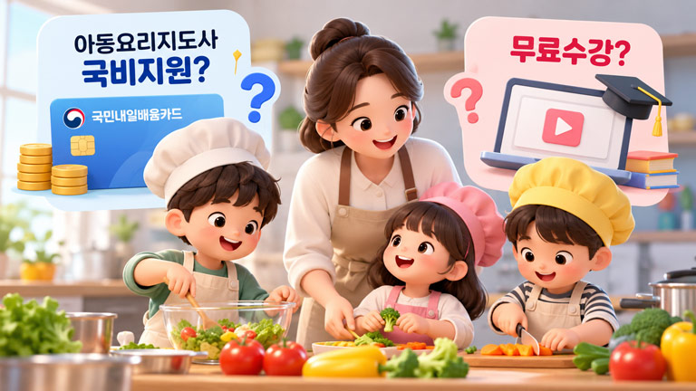 아동요리지도사 국비지원과 무료수강 차이를 보여주는 3D 인포그래픽