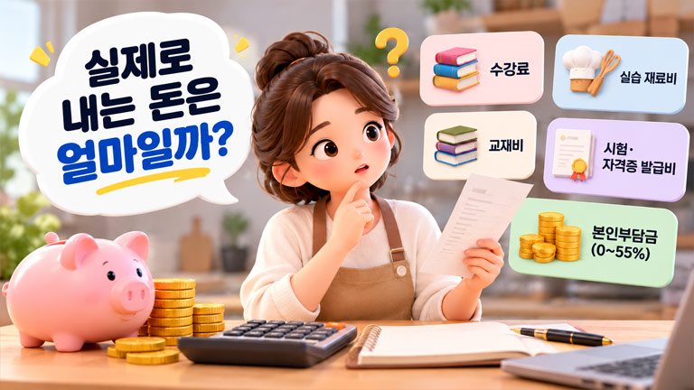 아동요리지도사 교육 수강료와 실습재료비, 교재비, 본인부담금을 보여주는 3D 인포그래픽