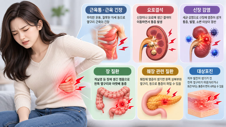 왼쪽 옆구리 콕콕 찌르는 통증의 주요 원인인 근육통, 요로결석, 신장 감염, 장 질환, 췌장 질환, 대상포진을 보여주는 3D 의료 인포그래픽