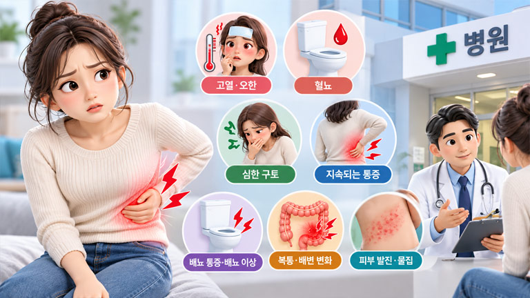 왼쪽 옆구리 통증과 함께 고열, 혈뇨, 구토, 배뇨 이상, 복통, 피부 발진이 나타날 때 병원 진료가 필요한 상황을 보여주는 3D 의료 인포그래픽