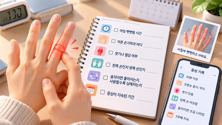 아침 손가락 통증과 뻣뻣함을 기록하는 증상 체크리스트