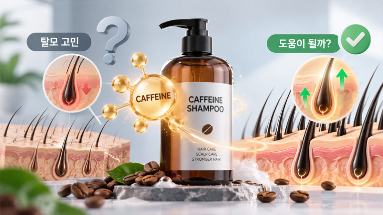 카페인 샴푸와 두피 모낭을 통해 탈모에 도움이 될 가능성을 보여주는 3D 인포그래픽