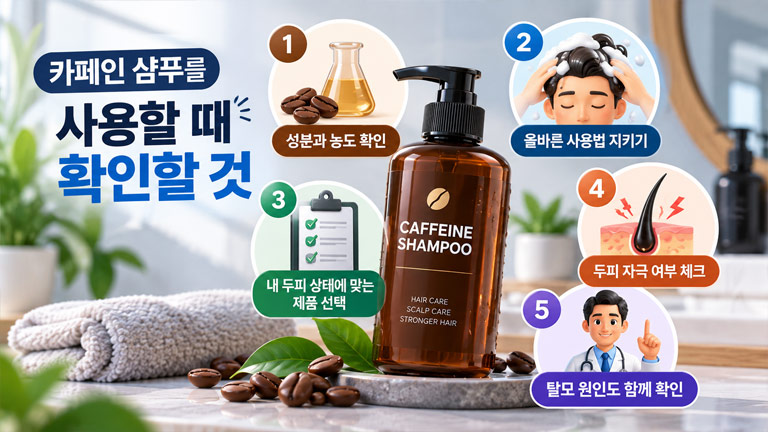 카페인 샴푸 사용 전 확인해야 할 성분과 농도, 두피 상태, 사용법, 자극 여부, 탈모 원인을 정리한 3D 인포그래픽