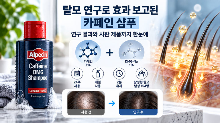 탈모 연구에서 효과가 보고된 카페인 샴푸의 성분과 24주 임상시험 조건을 보여주는 3D 인포그래픽