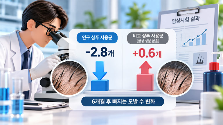카페인 샴푸 연구에서 6개월 후 빠지는 모발 수 변화를 비교한 임상시험 결과 인포그래픽