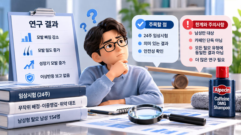 카페인 샴푸 탈모 연구의 긍정적인 결과와 연구 대상 및 성분 등의 한계점을 보여주는 3D 인포그래픽