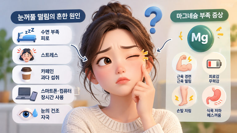 눈꺼풀 떨림의 흔한 원인과 마그네슘 부족 증상을 비교한 3D 인포그래픽