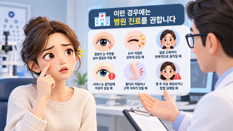 눈꺼풀 떨림이 지속되거나 얼굴 경련과 시야 이상 등이 나타날 때 병원 진료가 필요한 상황을 보여주는 3D 인포그래픽
