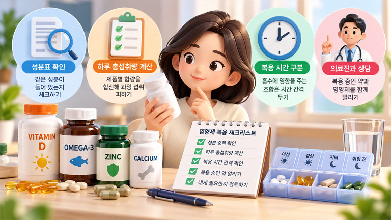 영양제 성분 중복 확인, 하루 섭취량 계산, 복용 시간 구분 및 의료진 상담을 안내하는 3D 인포그래픽