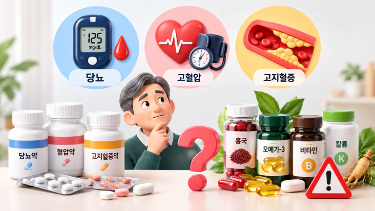 당뇨·고혈압·고지혈증 약과 함께 복용할 때 주의해야 할 영양제 종류를 보여주는 3D 인포그래픽