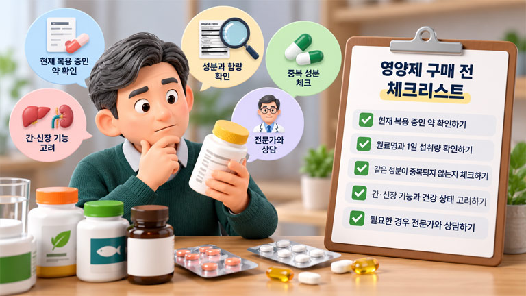 영양제 구매 전 복용 중인 약, 성분과 함량, 중복 성분, 간·신장 기능 및 전문가 상담 여부를 확인하는 체크리스트