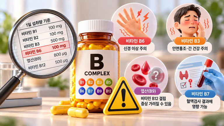 고함량 비타민 B군 영양제 복용 시 주의사항과 비타민 B6 신경 손상, 비타민 B3 부작용, 엽산과 비타민 B12의 관계를 보여주는 3D 인포그래픽