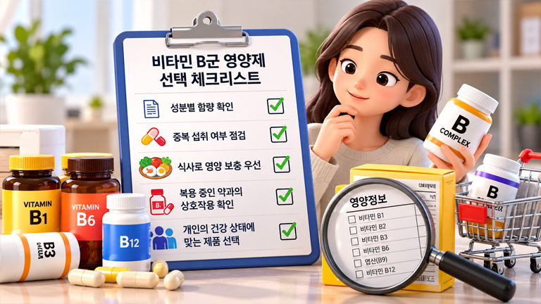 비타민 B군 영양제 선택 시 확인할 성분별 함량, 중복 섭취, 식사 상태와 복용 중인 약의 상호작용을 정리한 체크리스트 3D 인포그래픽