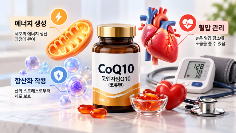 코엔자임Q10의 항산화 작용과 에너지 생성, 혈압 관리 기능을 보여주는 3D 인포그래픽