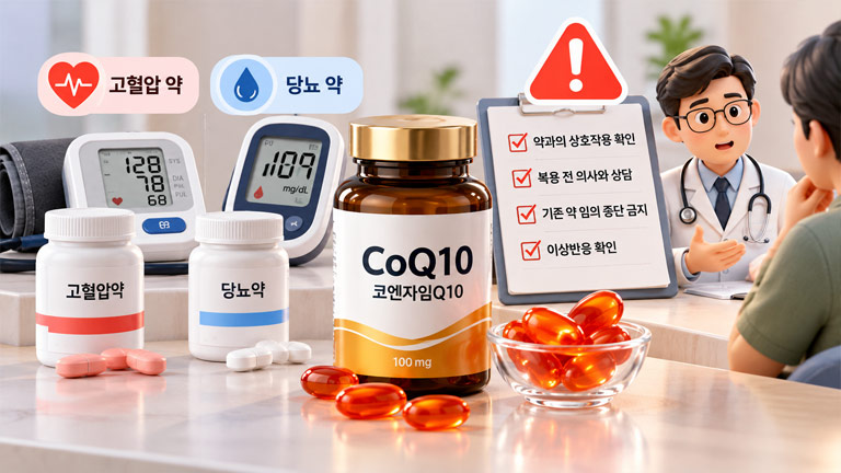 고혈압·당뇨 약 복용 시 코엔자임Q10의 약물 상호작용과 복용 전 주의사항을 안내하는 3D 인포그래픽