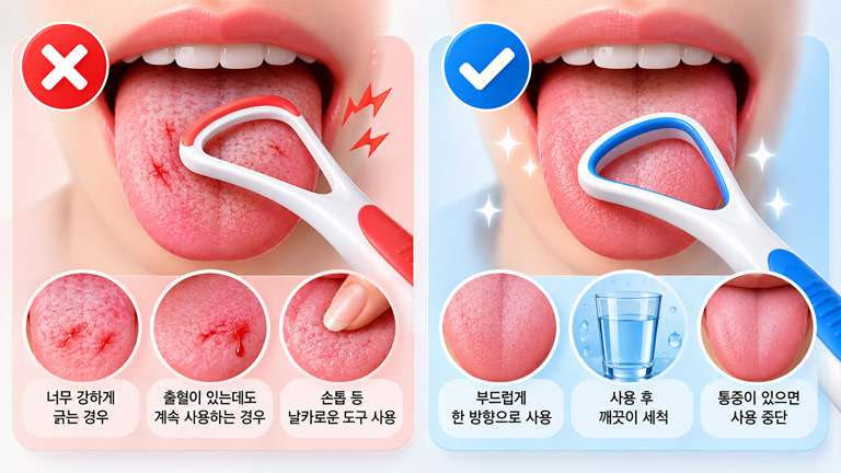 혀 클리너 사용 시 과도한 압력과 출혈을 피하고 부드럽게 관리하는 방법