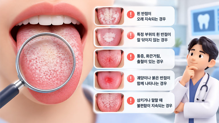 혀 백태가 오래 지속되거나 흰 반점, 통증, 출혈, 궤양이 나타날 때 진료가 필요한 증상