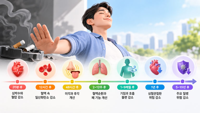 금연 후 20분부터 5~15년까지 나타나는 심박수 감소, 혈액순환 개선, 폐 기능 회복 등 신체변화