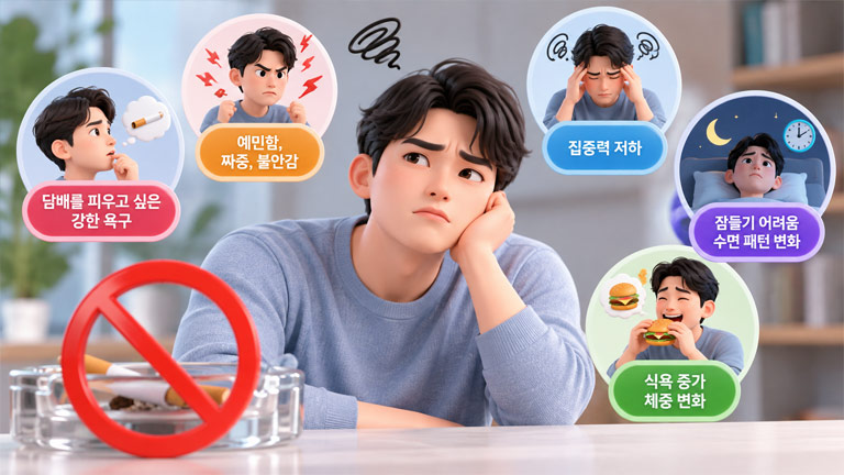 금연 초기에 나타날 수 있는 흡연 욕구, 예민함, 집중력 저하, 수면 문제, 식욕 증가 등 금단 증상