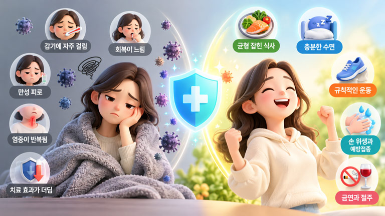 면역력 저하 의심 신호인 반복되는 감염과 만성 피로, 느린 회복 및 면역력 관리를 위한 생활 습관을 비교한 3D 인포그래픽