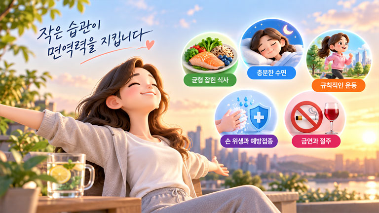 면역력 높이는 생활 습관 5가지인 균형 잡힌 식사, 충분한 수면, 규칙적인 운동, 손 위생과 예방접종, 금연과 절주를 나타낸 3D 인포그래픽