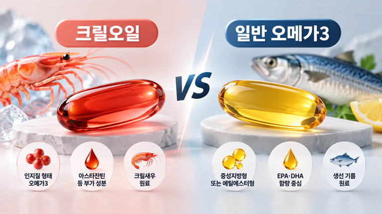 크릴오일과 일반 오메가3의 원료, 캡슐 및 주요 성분 차이 비교