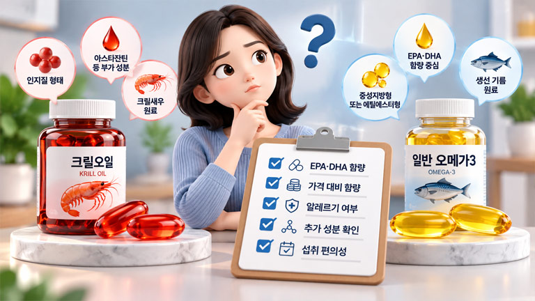 크릴오일과 일반 오메가3 선택 시 EPA·DHA 함량, 가격, 알레르기와 추가 성분 확인 기준