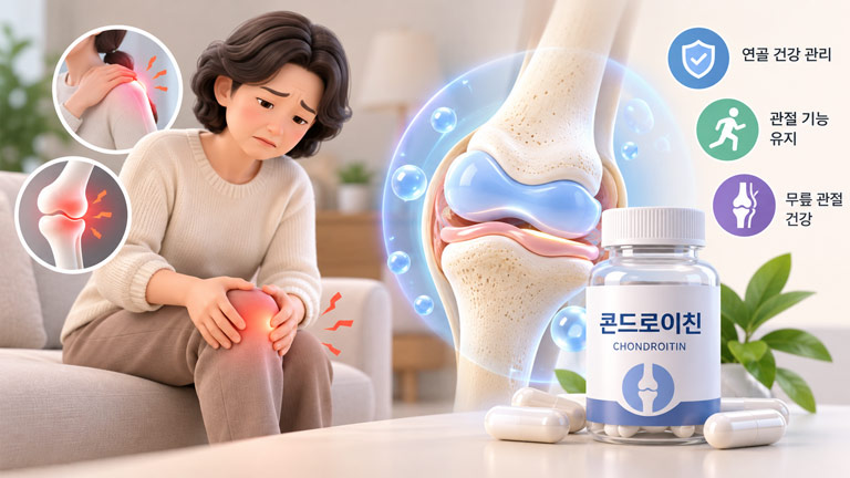 콘드로이친 효능과 무릎 관절 영양제의 역할을 보여주는 3D 인포그래픽으로, 무릎 통증과 연골 건강 관리 개념을 표현한 이미지