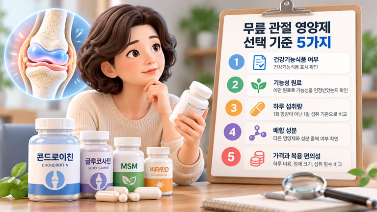 무릎 관절 영양제 선택 기준 5가지인 건강기능식품 여부, 기능성 원료, 하루 섭취량, 배합 성분, 가격과 복용 편의성을 나타낸 3D 인포그래픽