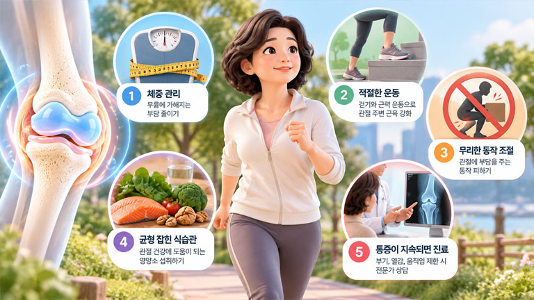관절 건강을 위한 체중 관리, 적절한 운동, 무리한 동작 조절, 균형 잡힌 식습관과 통증 지속 시 진료의 중요성을 보여주는 3D 인포그래픽