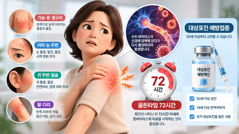 대상포진 초기증상과 발생 위치별 특징, 항바이러스제 치료 골든타임 72시간 및 예방접종 안내
