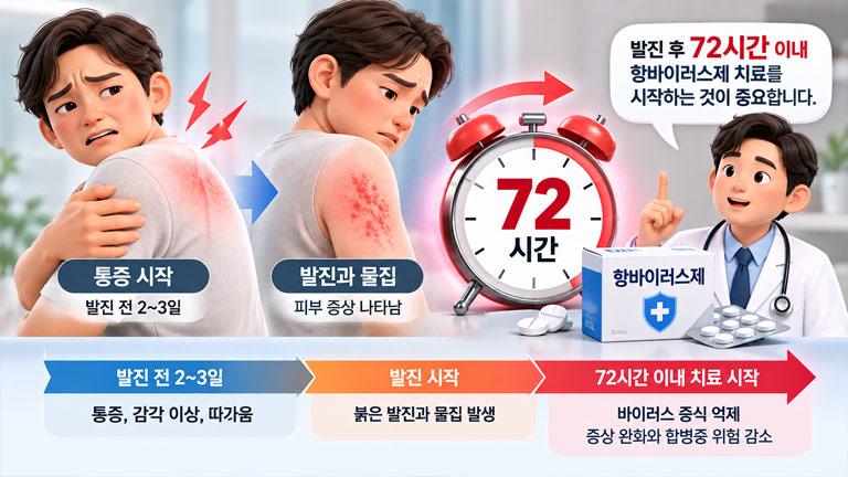 대상포진 초기 통증과 발진 발생 과정, 발진 후 72시간 이내 항바이러스제 치료의 중요성