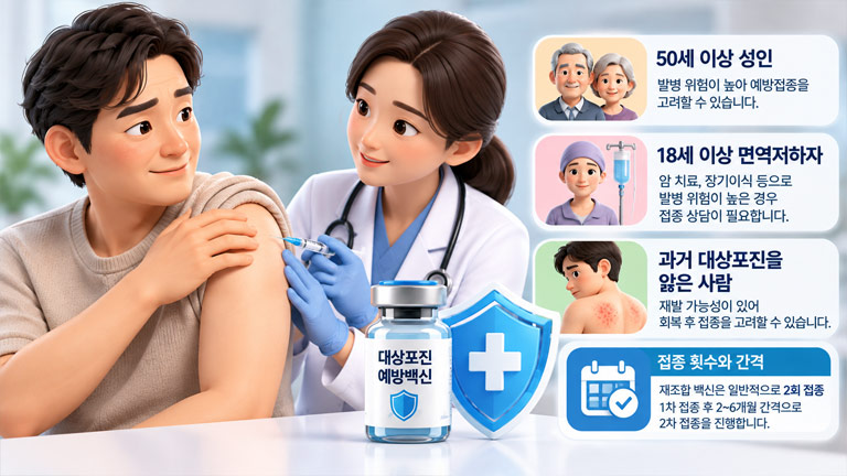 대상포진 예방접종 대상인 50세 이상 성인과 면역저하자, 재조합 백신의 2회 접종 일정 안내