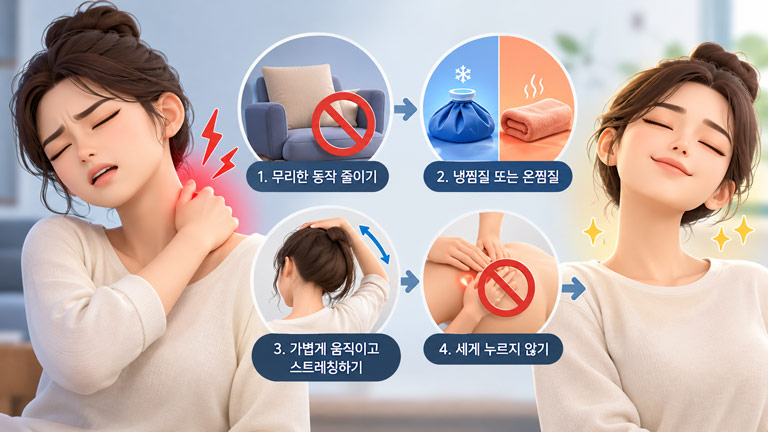 담 걸렸을 때 통증 완화를 위한 찜질과 가벼운 스트레칭, 강한 마사지 피하기를 표현한 3D 인포그래픽